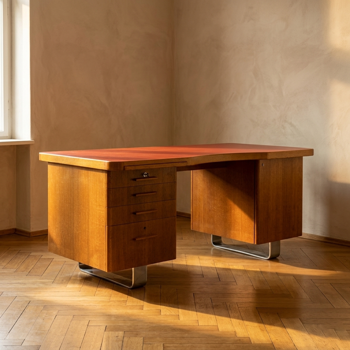 Scrivania, scrivania Bauhaus in noce con piano rosso, mid-century