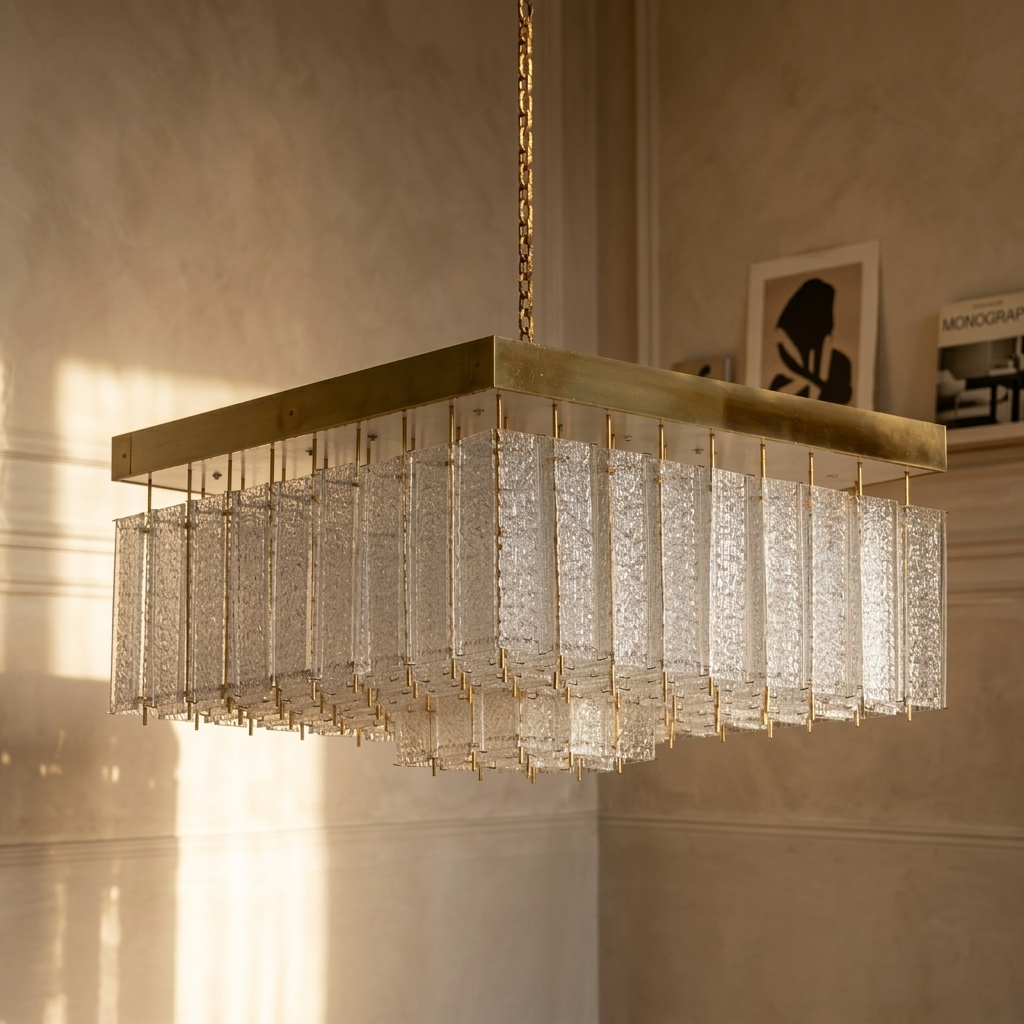 Plafoniera mid-century, lampada in vetro boemo e ottone, anni '60
