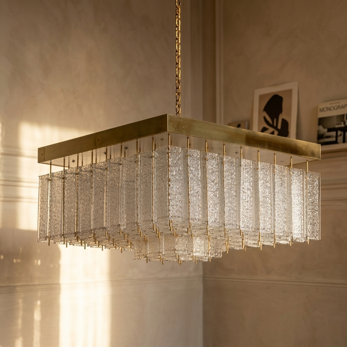 Plafoniera mid-century, lampada in vetro boemo e ottone, anni '60