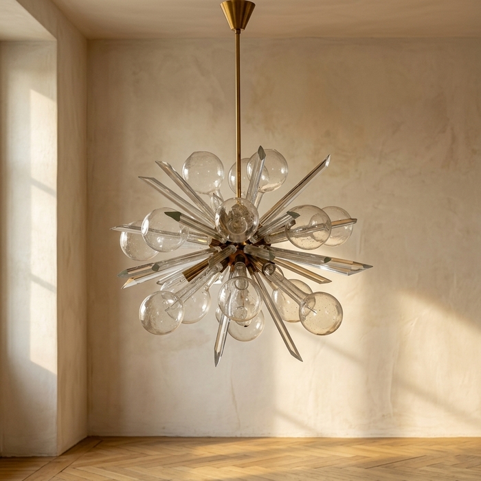 Lampadario “EXPLOSE” di René Roubíček, plafoniera scultorea in vetro artistico, anni '60–'70, Cecoslovacchia