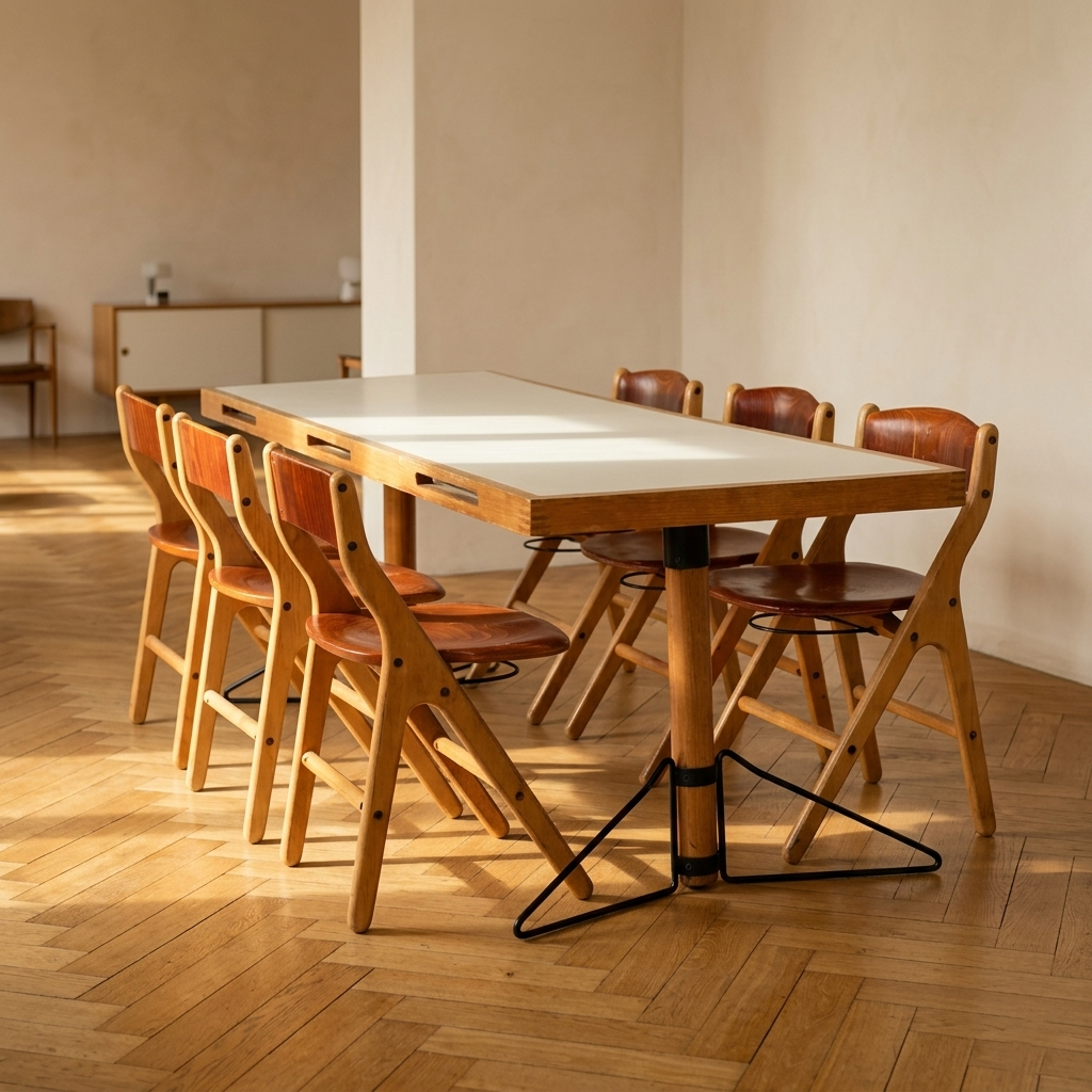 Set da pranzo mid-century, tavolo da conferenza con sedie di Marc Held, anni '70