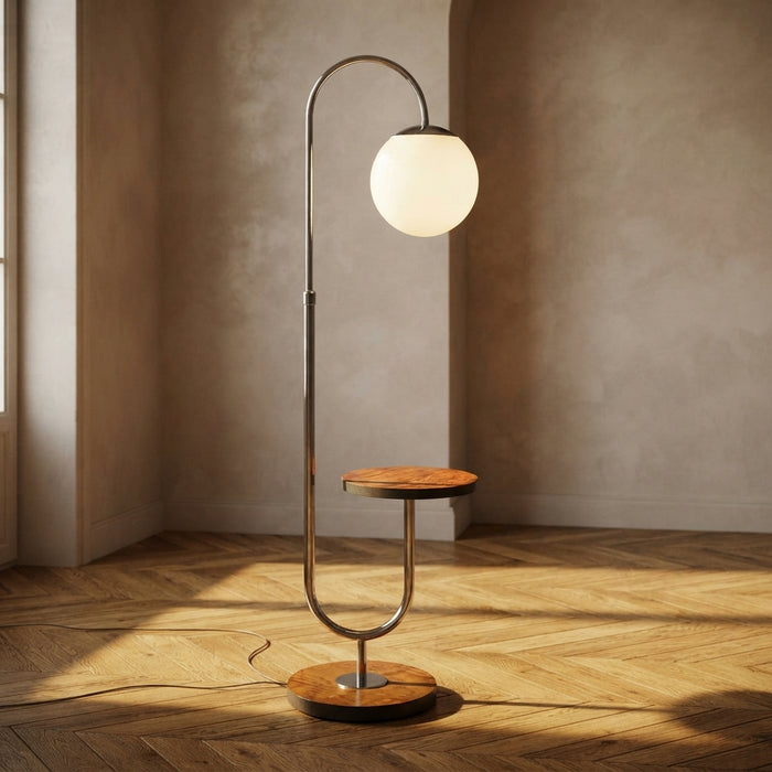 Restored Bauhaus Floor Lamp with Integrated Table by R. Slezák, Chrome and Wood, Czechoslovakia, 1920s, 172 × 45 cm