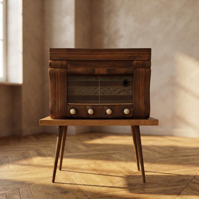 Vintage Art Deco Radio Gramophone Cabinet with Garrard R.C.72 Record Changer, Wooden Case, 45 × 60 × 40 cm