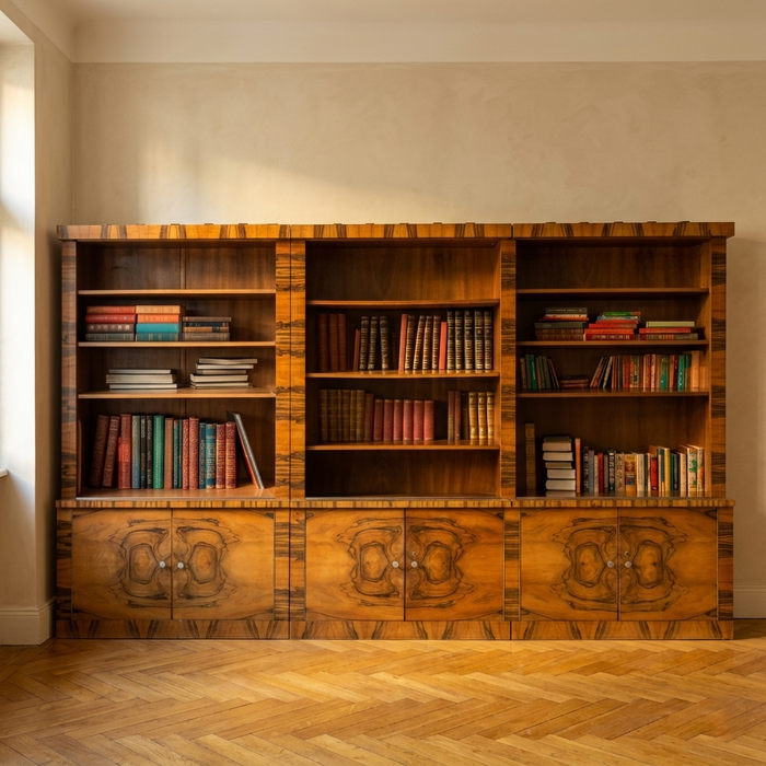 Grande libreria Art Déco, anni '30, Cecoslovacchia, vetrina vintage in legno, elegante scaffalatura geometrica