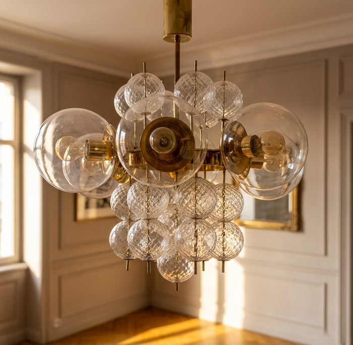 Lampadario mid-century in ottone e vetro, lampada da soffitto vintage moderna, anni '60, Europa
