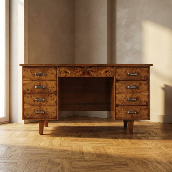 Mid-Century Writing Desk with Burl Veneer and Eight Drawers, Czechoslovakia, 140.5 × 69.5 × 77.5 cm