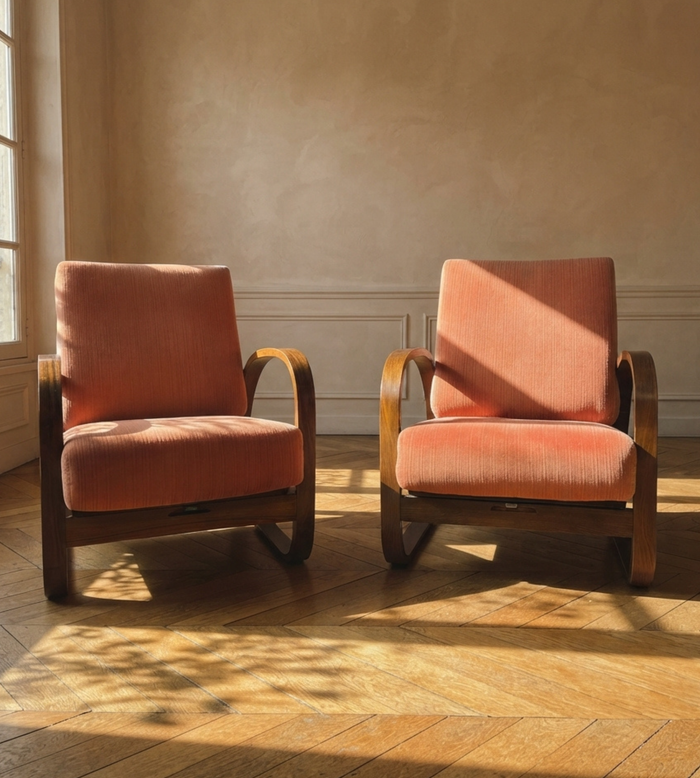 Pair of H-70 Lounge Chairs by Jindřich Halabala for UP Závody Brno, Czechoslovakia, 1930s, 88 × 65 × 85 cm
