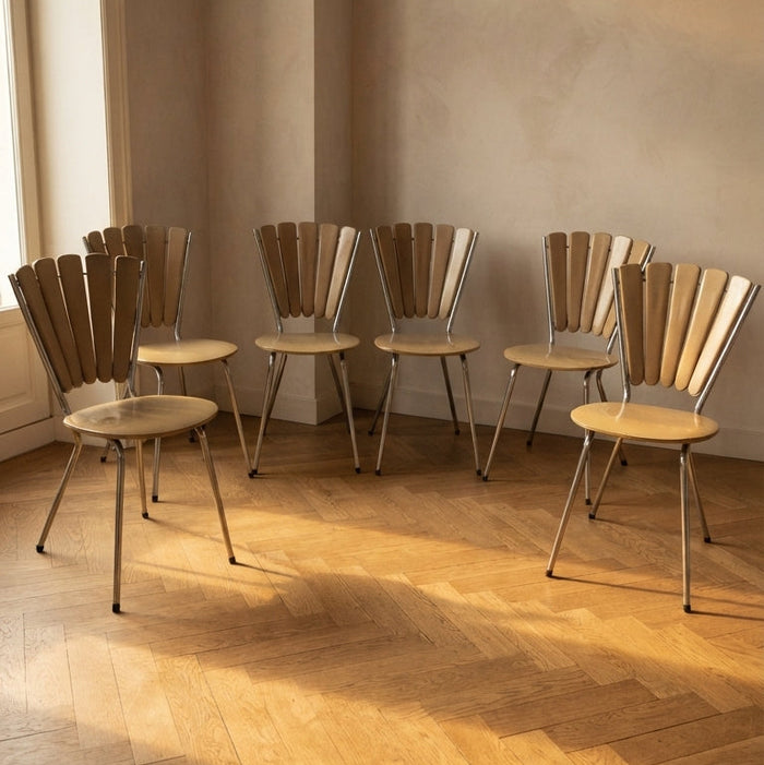 Set of 6 Vintage Fan-Back Dining Chairs with Beige Leatherette Upholstery, 1960s–1970s, 80 × 50 cm