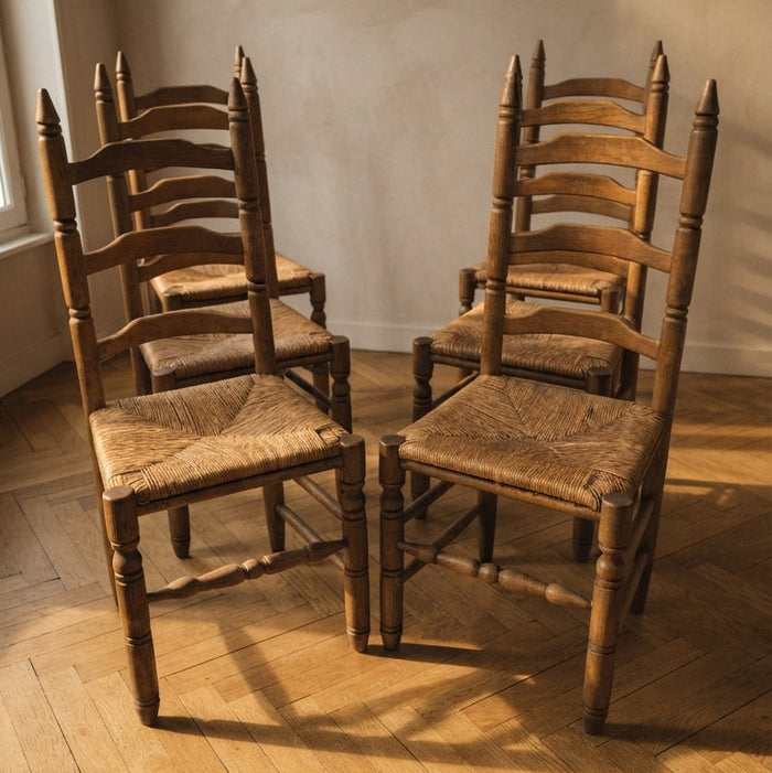 Set of 6 Vintage Wooden Ladder-Back Dining Chairs with Woven Seats, 20th Century, 105 × 38 cm