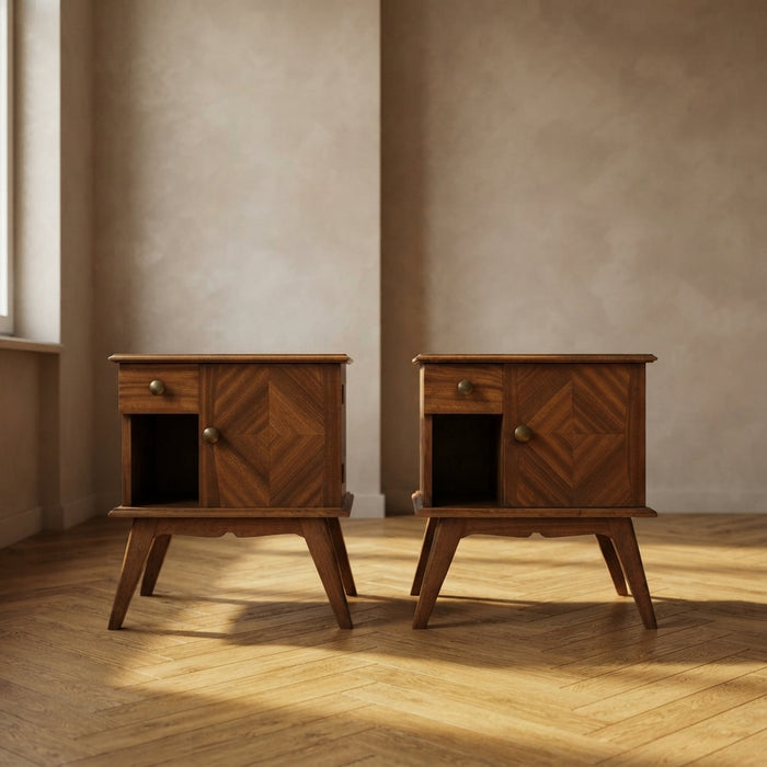 Pair of Vintage Mid-Century Modern Wooden Bedside Table / Nightstands, 60 × 54 × 30 cm