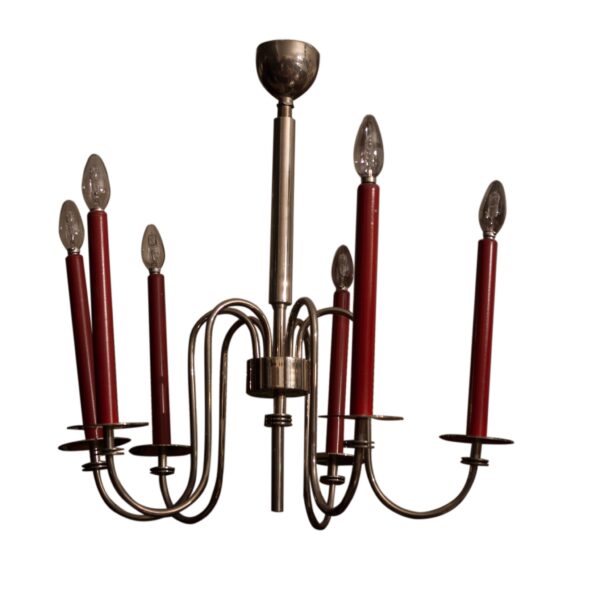 Chromed six-arm pendant chandelier, circa1930, Bauhaus