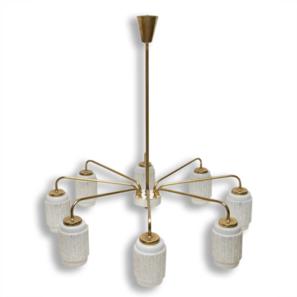 Midcentury spider eight arms chandelier with opaline glass lampshades, 1960´s