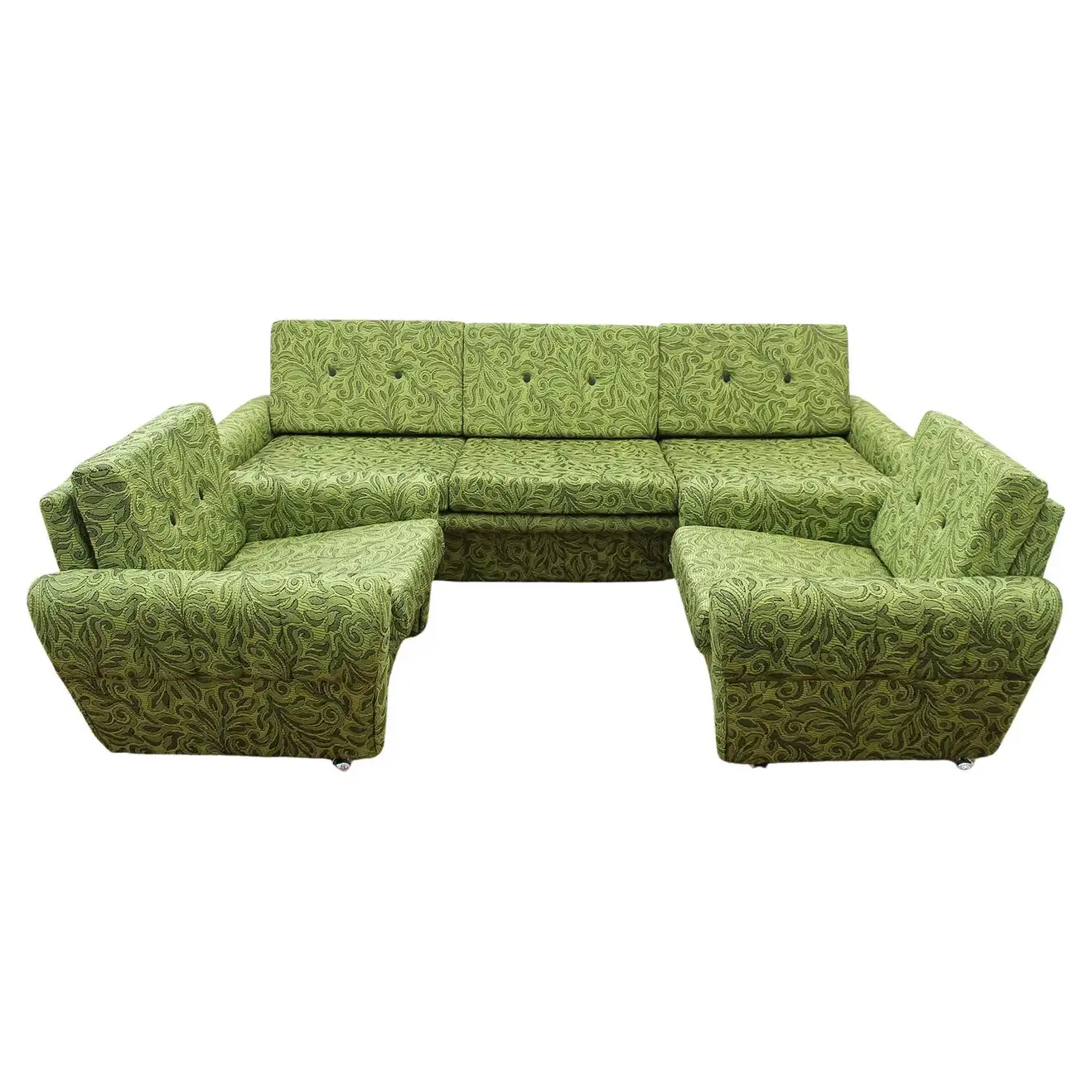 Eastern bloc Vintage living room set, a green couch and chair sitting next to each other.